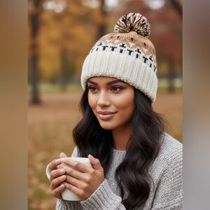 Tahari Multicolor Stretchy Knit Winter Beanie with Pom Pom Casual